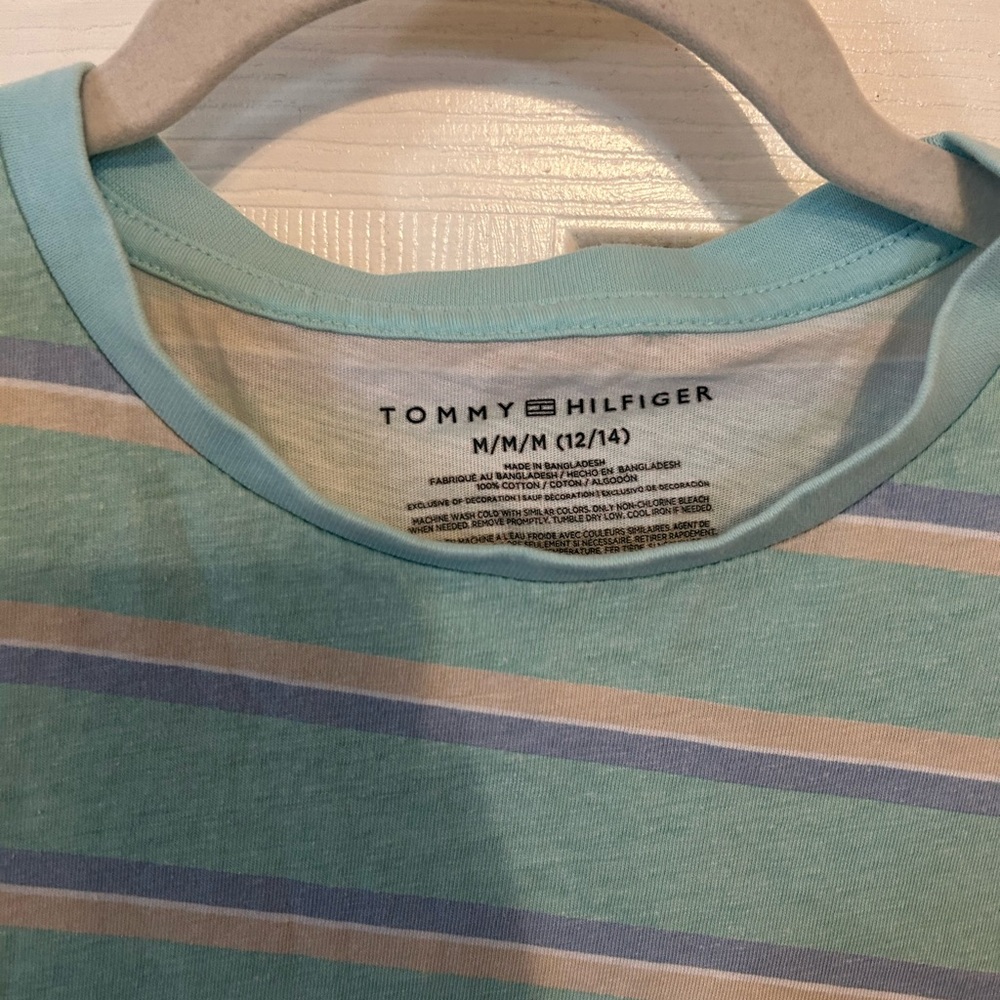 Tommy Hilfiger Boys‎ Aqua Green Striped Short Sleeve T-Shirt Size M 12-14 Cotton